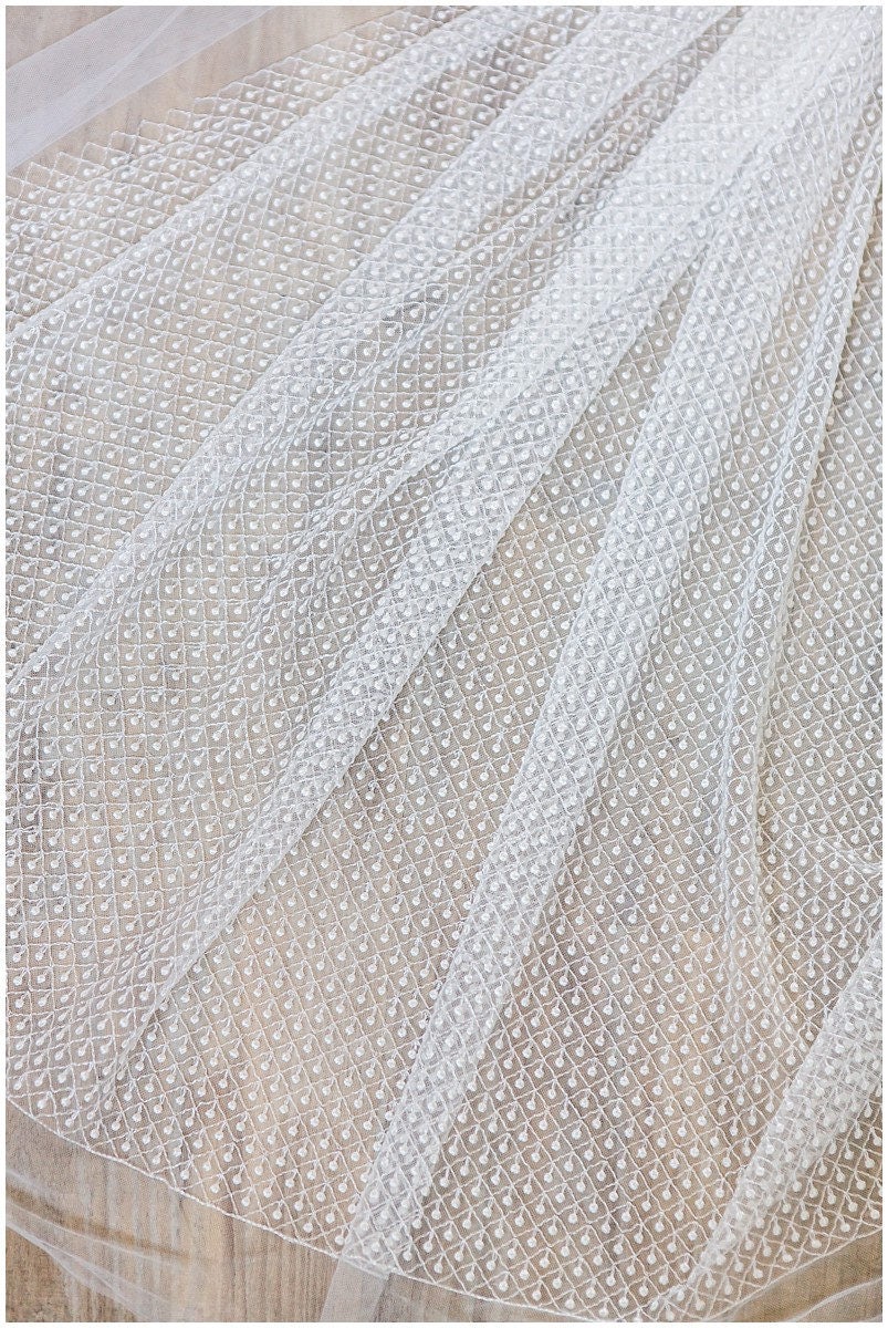 Netzspitze Stoff mit Punkten/ Netzmuster Spitze Off-White/ weiche Brautspitze// L17-064