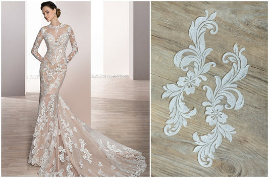 2 Stk. gespiegelte Brautblumen Applikation mit dünnem SILBERfaden, Blumenapplikation, Spitzenblume, Hochzeitskleid Aufnäher, Spitzenaufnäher// A17-027