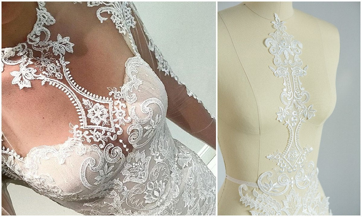 GROßE Perlen-Spitzenapplikation zum Beispiel in Galia Lahav verwendet, Hochzeitskleid Applikation, Ornament Spitze Blume, Braut Applikation// A17-042