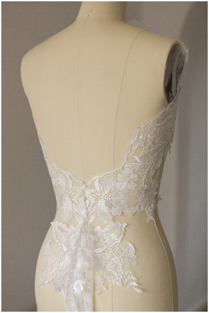 2x LARGE mirrored lace - PAIR = 2 yds/ Floral lace trim off-white/ Bridal dress lace/ Sequin lace trim// T17-003