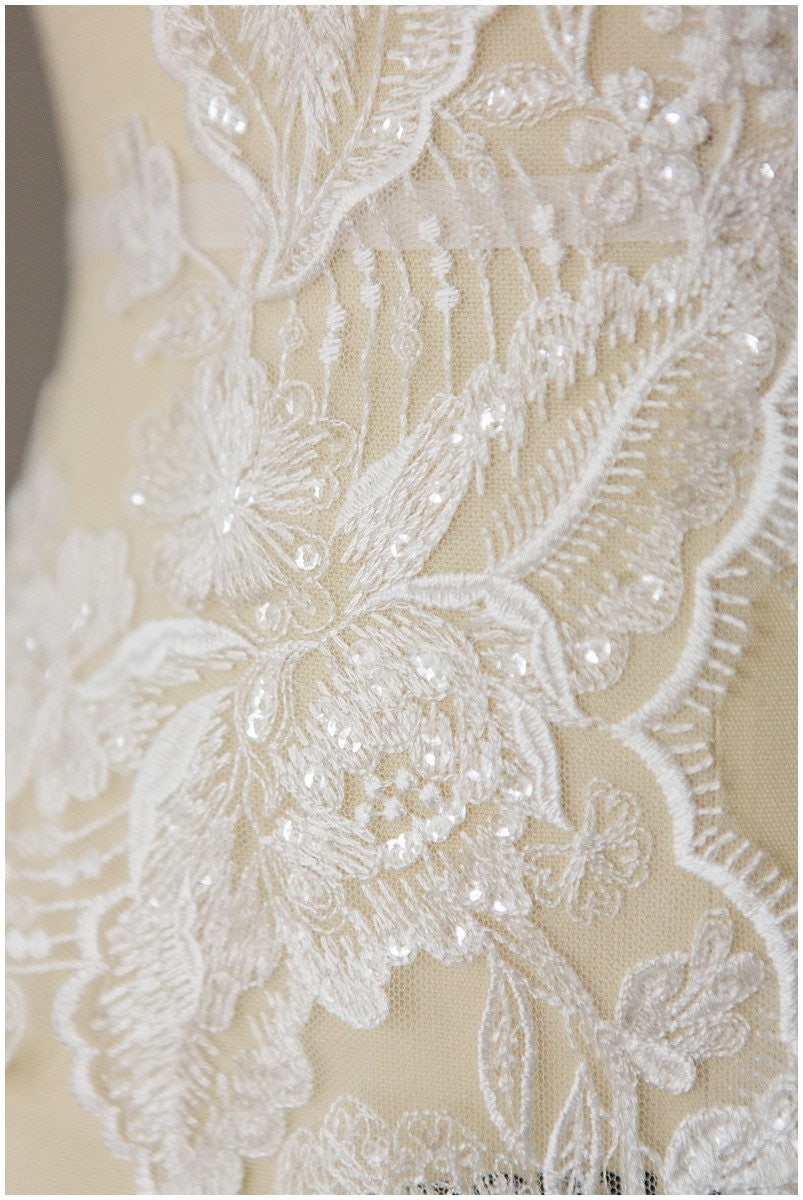 2x LARGE mirrored lace - PAIR = 2 yds/ Floral lace trim off-white/ Bridal dress lace/ Sequin lace trim// T17-003
