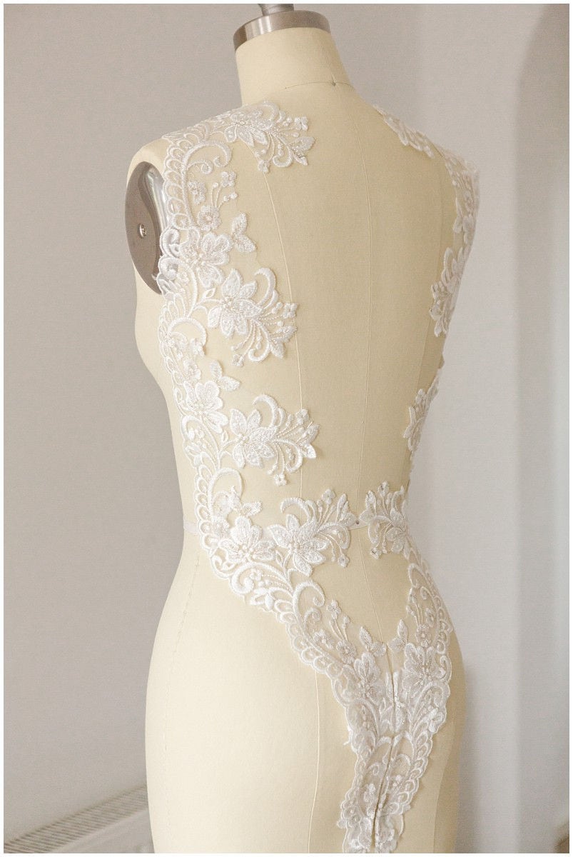 2x 1yds mirrored silver off-white lace trim/ bridal lace/ lace embroidery// T17-013
