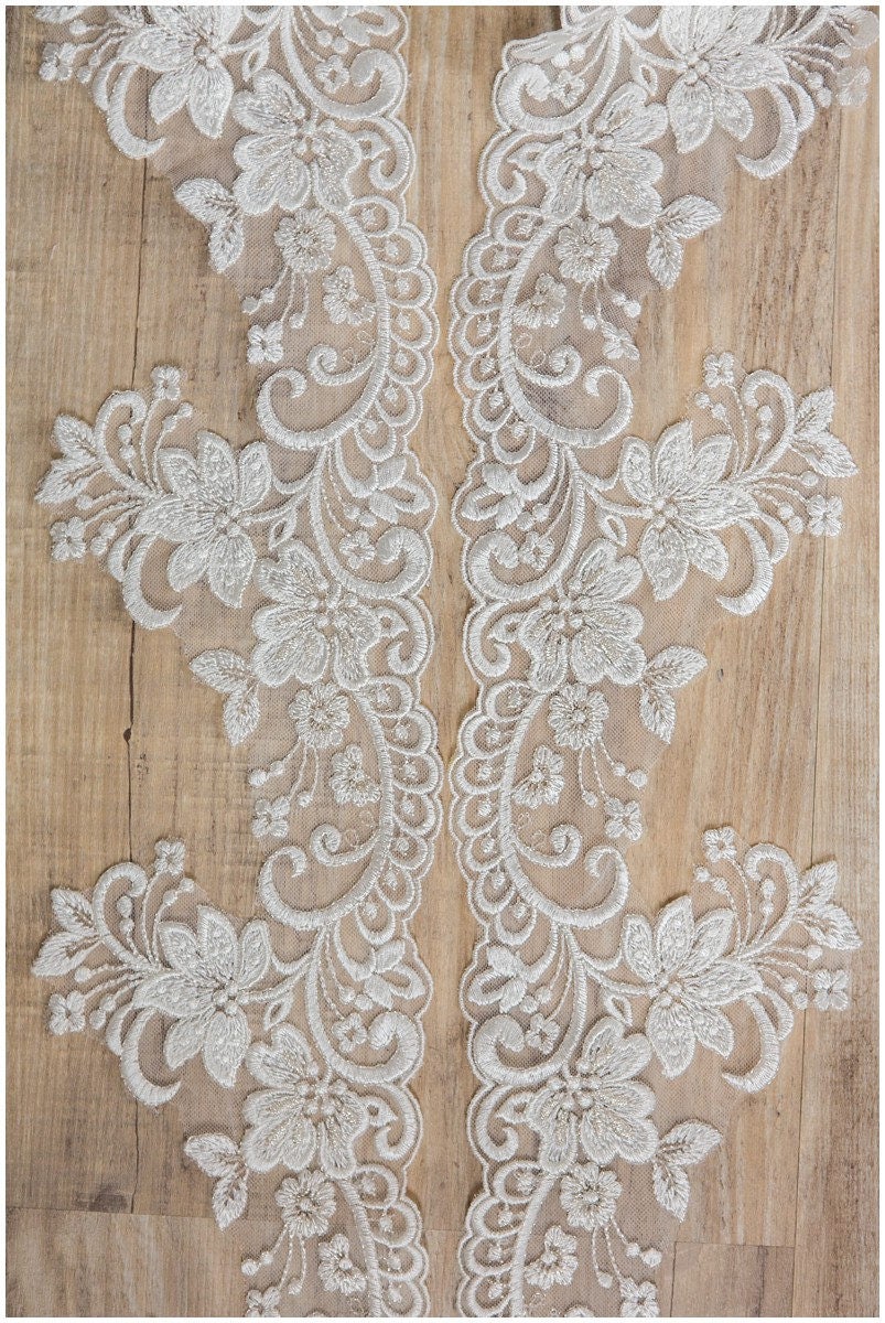 2x 1yds mirrored silver off-white lace trim/ bridal lace/ lace embroidery// T17-013