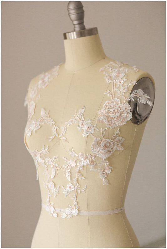 Helle Champagner/ Pfirsich gespiegelte Hochzeitskleid Applikation, Blumen Applikation, Spitzenblume, Llusion Back Lace, Blütenspitze// A17-040