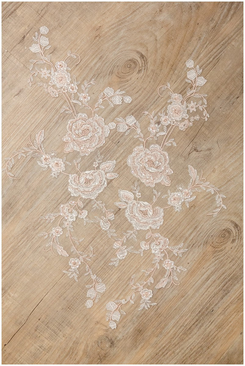 Helle Champagner/ Pfirsich gespiegelte Hochzeitskleid Applikation, Blumen Applikation, Spitzenblume, Llusion Back Lace, Blütenspitze// A17-040