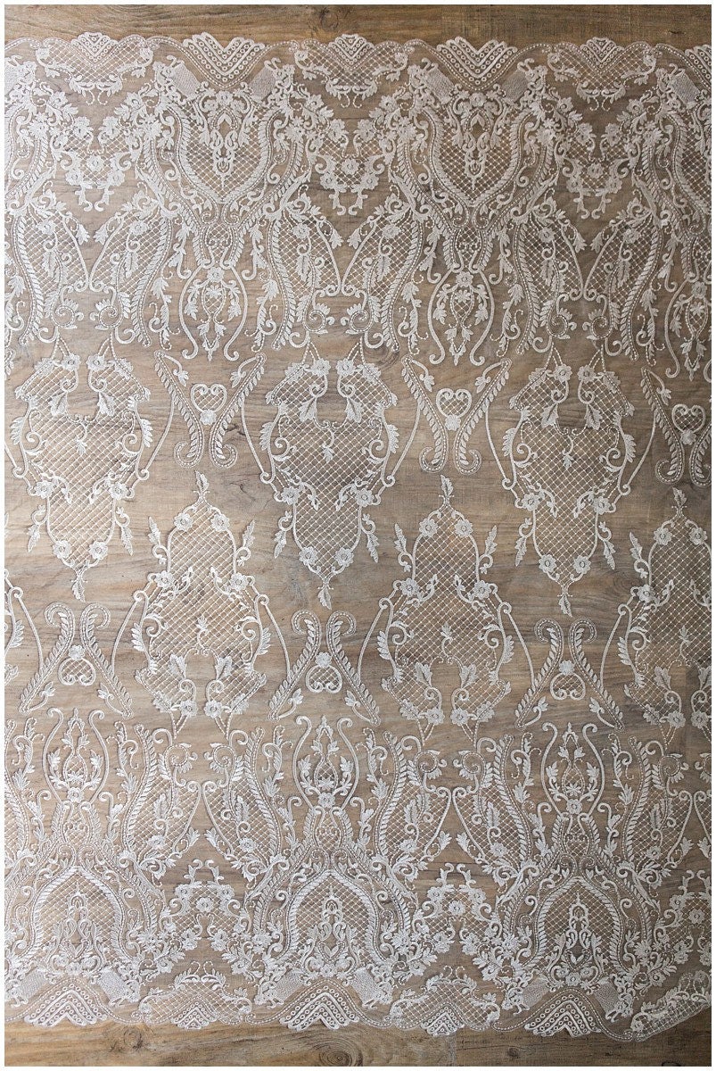 Very soft and beautiful ornamental lace with net elements - wedding dress lace, bridal lace fabric, net lace design - off-white// L17-034