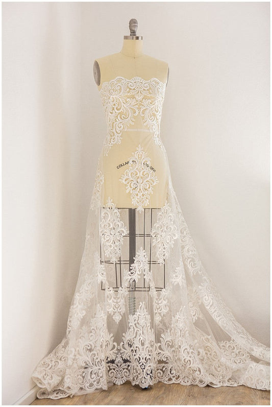 Tela de encaje de novia bordada / Encaje ornamentado color marfil / Encaje de novia de alta costura // L17-057
