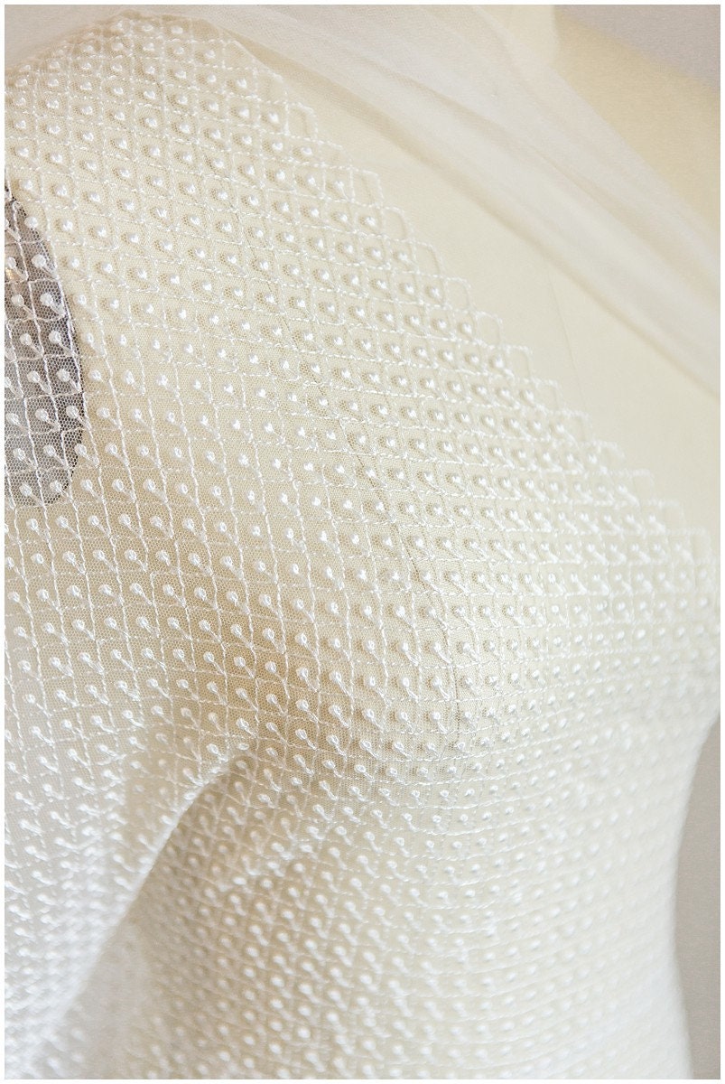 Netzspitze Stoff mit Punkten/ Netzmuster Spitze Off-White/ weiche Brautspitze// L17-064