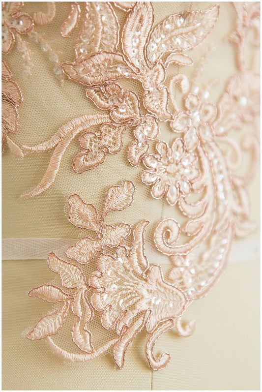 2x große ROSÉ GOLD gespiegelte Spitzenblume Applikation, Spitzenblume, Hochzeitskleid Spitze, Spitzenaufnäher, Brautkleid Applikation, Goldspitze// A17-065