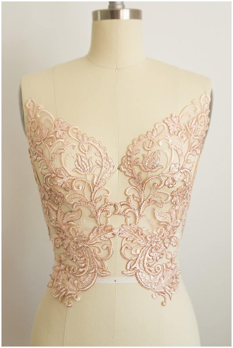 2x große ROSÉ GOLD gespiegelte Spitzenblume Applikation, Spitzenblume, Hochzeitskleid Spitze, Spitzenaufnäher, Brautkleid Applikation, Goldspitze// A17-065