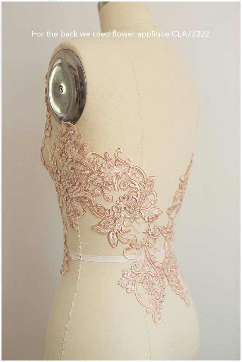 2x große ROSÉ GOLD gespiegelte Spitzenblume Applikation, Spitzenblume, Hochzeitskleid Spitze, Spitzenaufnäher, Brautkleid Applikation, Goldspitze// A17-065
