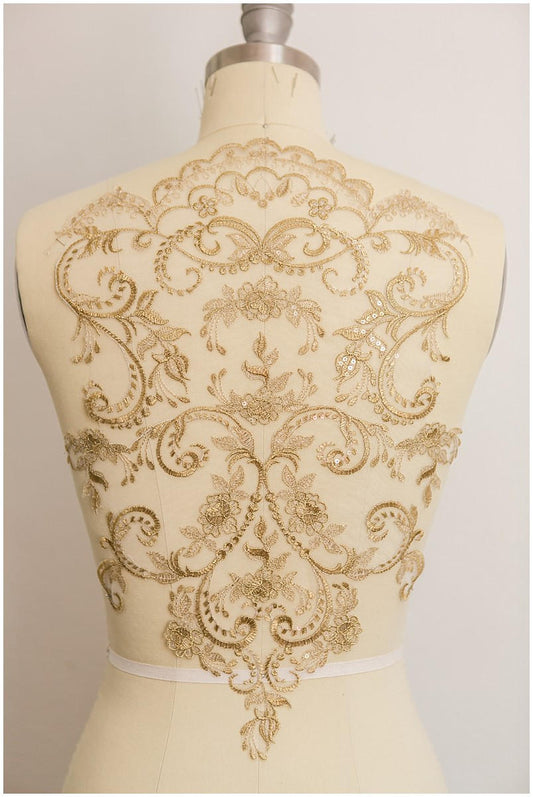 GOLD Spitzenblume Applikation, Rückenplatte, Spitzenblumenplatte, Hochzeitskleid Spitze, Spitzenaufnäher, Brautkleid Applikation, Goldspitze// A17-071