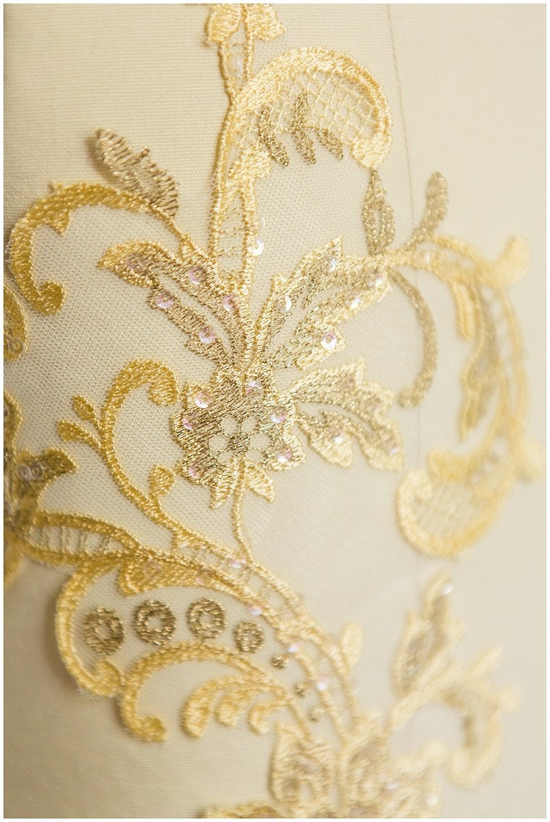 YELLOW + GOLD lace flower applique, mirrored lace flower panel, wedding dress lace, lace patch, bridal dress applique, gold lace // A17-068