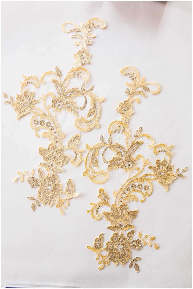 YELLOW + GOLD lace flower applique, mirrored lace flower panel, wedding dress lace, lace patch, bridal dress applique, gold lace // A17-068