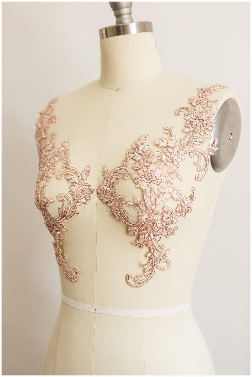 2x ROSÉ GOLD gespiegelte Spitzenblume Applikation, Spitzenblume, Hochzeitskleid Spitze, Spitzenaufnäher, Brautkleid Applikation, Goldspitze// A17-067