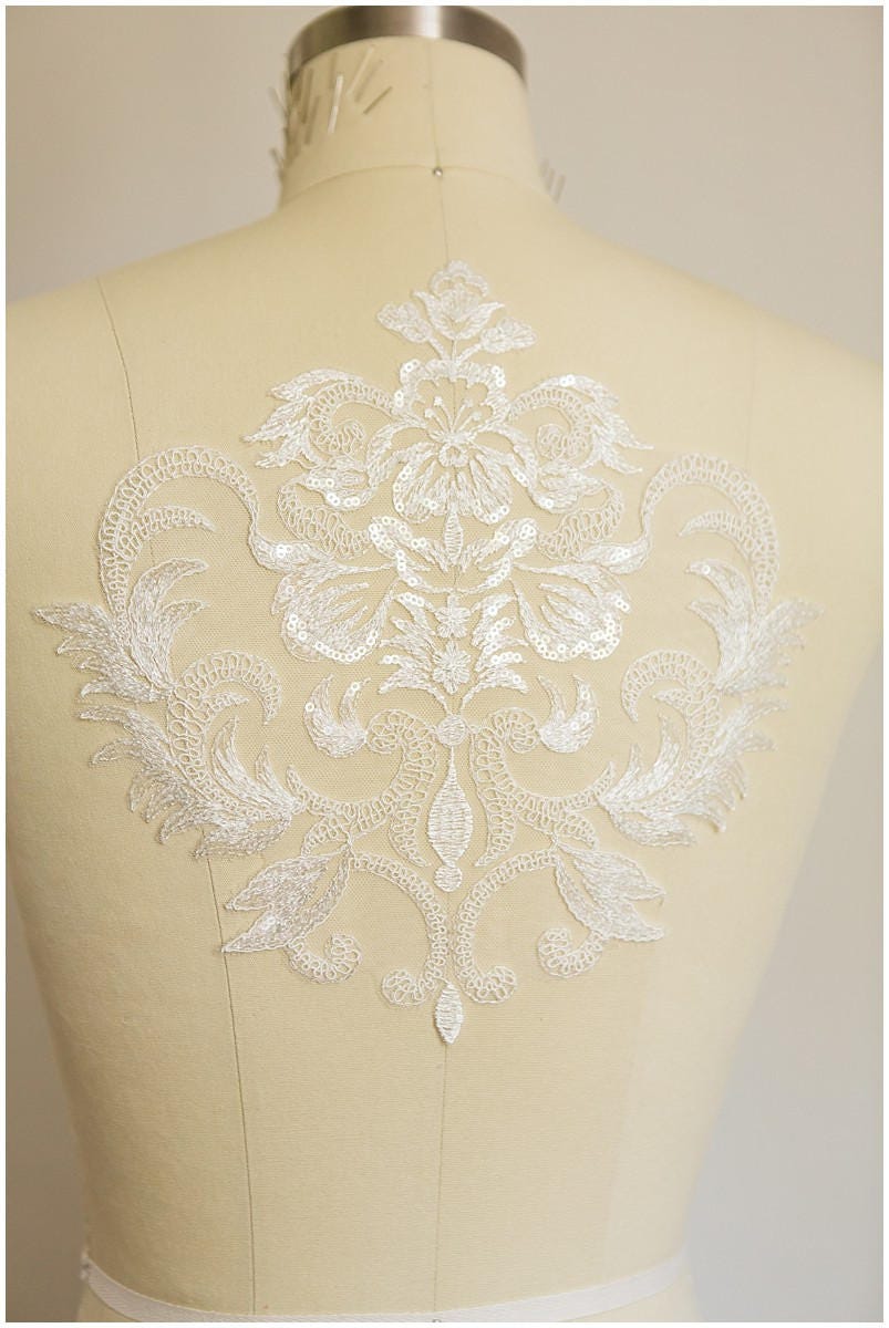 Pailletten Hochzeitskleid Applikation, Blumen Applikation, große Spitze Blume, IVORY, Illusion Back Lace, BlumenSpitze, verschnörkelte Spitze Aufnäher// A17-032