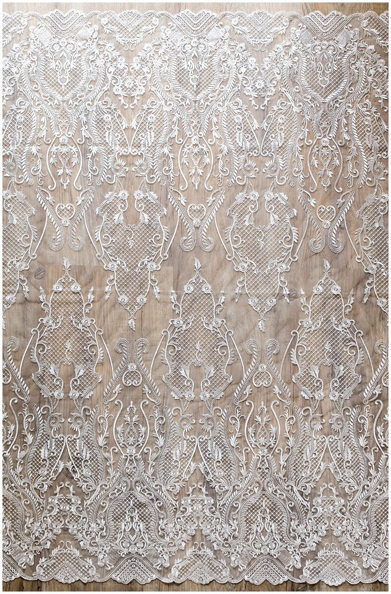 Very soft and beautiful ornamental lace with net elements - wedding dress lace, bridal lace fabric, net lace design -off-white// L17-031