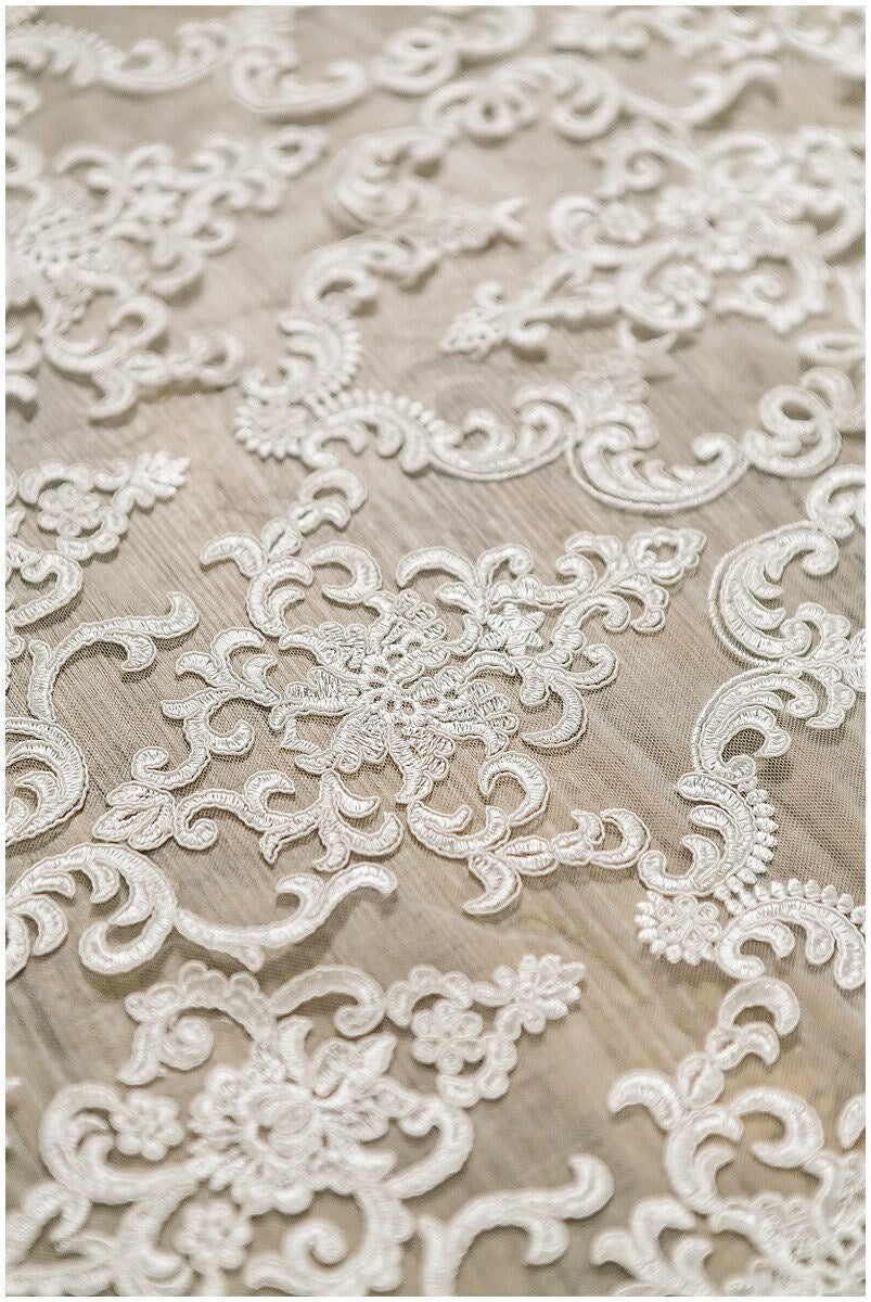 Ornament lace fabric off-white/ bridal lace fabric/ ornament wedding lace/ couture lace// L17-037