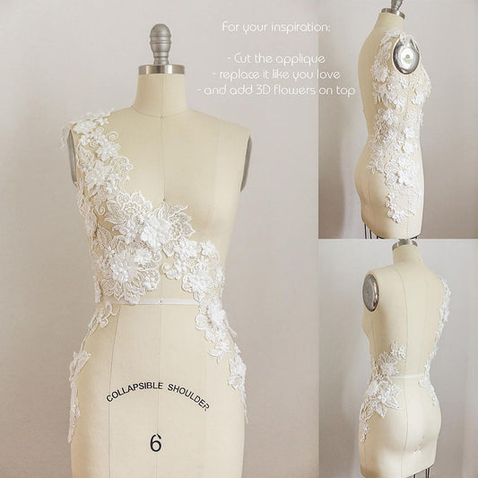 GRANDE applique de fleur, applique de robe de mariée SEQUIN miroir, grande fleur de dentelle, dentelle arrière illusion, dentelle florale// A17-038