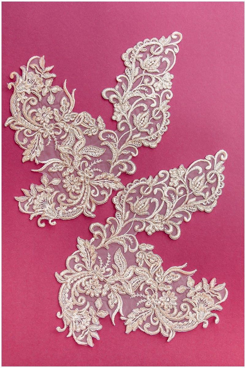 2x große ROSÉ GOLD gespiegelte Spitzenblume Applikation, Spitzenblume, Hochzeitskleid Spitze, Spitzenaufnäher, Brautkleid Applikation, Goldspitze// A17-065