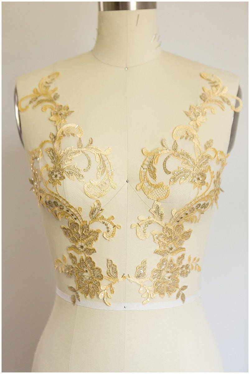 YELLOW + GOLD lace flower applique, mirrored lace flower panel, wedding dress lace, lace patch, bridal dress applique, gold lace // A17-068