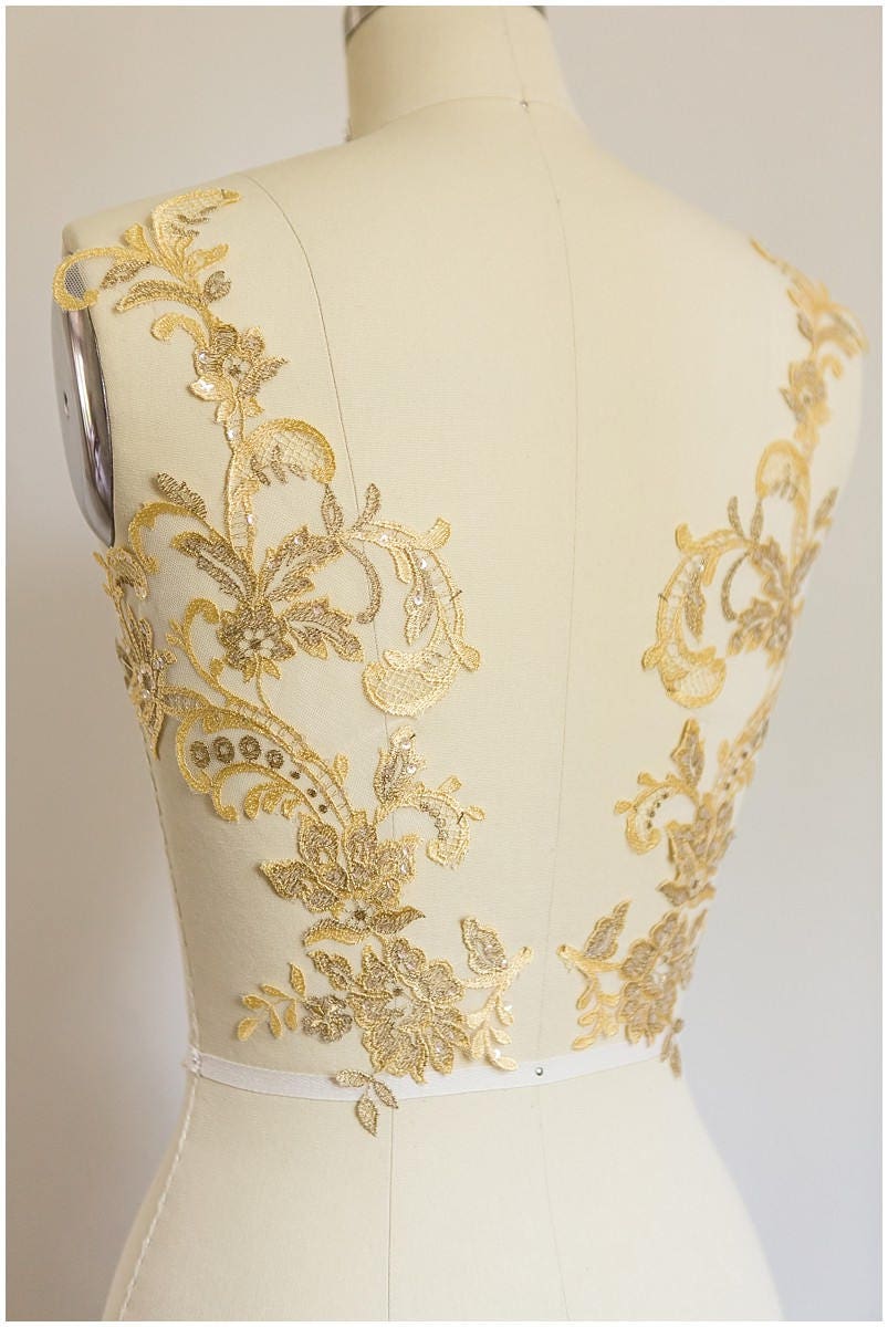YELLOW + GOLD lace flower applique, mirrored lace flower panel, wedding dress lace, lace patch, bridal dress applique, gold lace // A17-068