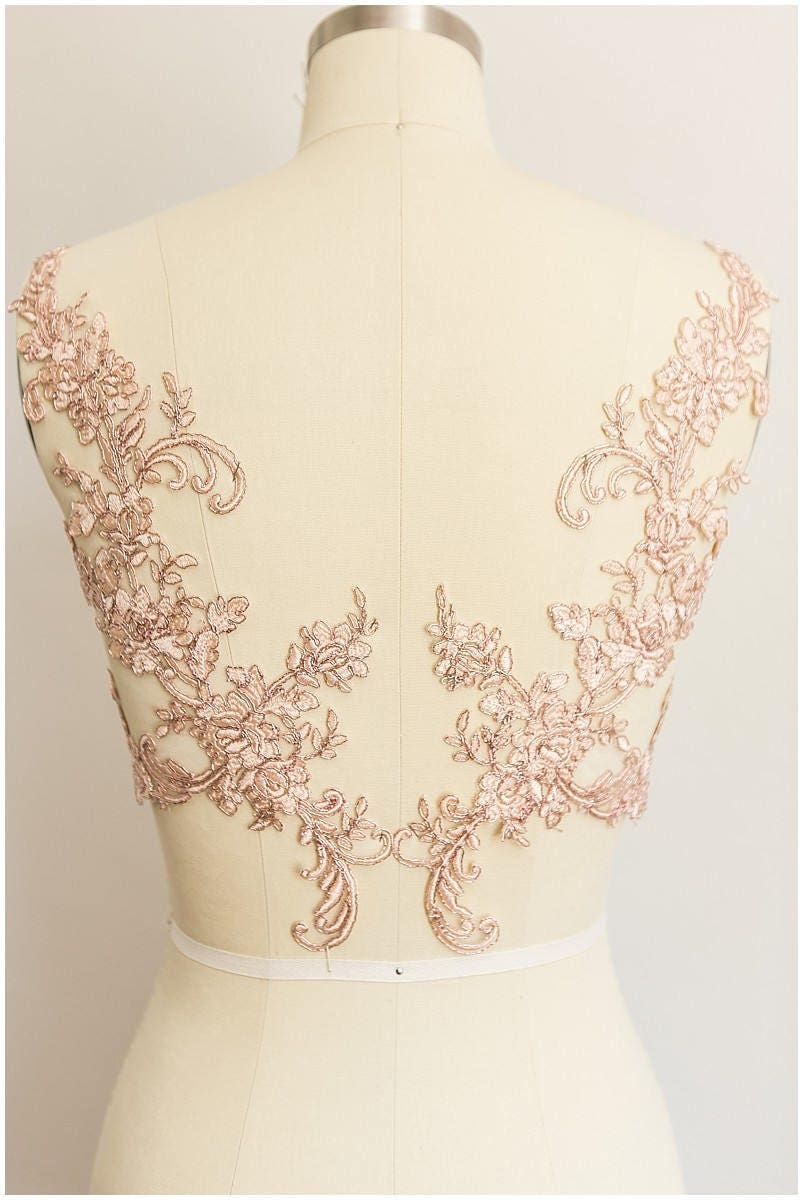 2x ROSÉ GOLD gespiegelte Spitzenblume Applikation, Spitzenblume, Hochzeitskleid Spitze, Spitzenaufnäher, Brautkleid Applikation, Goldspitze// A17-067