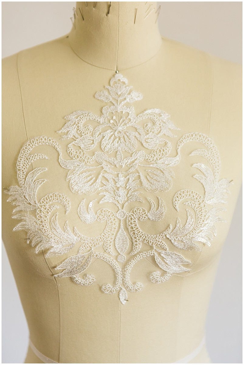 Pailletten Hochzeitskleid Applikation, Blumen Applikation, große Spitze Blume, IVORY, Illusion Back Lace, BlumenSpitze, verschnörkelte Spitze Aufnäher// A17-032