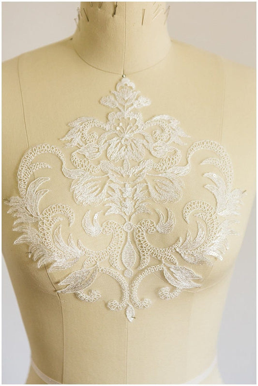 Pailletten Hochzeitskleid Applikation, Blumen Applikation, große Spitze Blume, IVORY, Illusion Back Lace, BlumenSpitze, verschnörkelte Spitze Aufnäher// A17-032