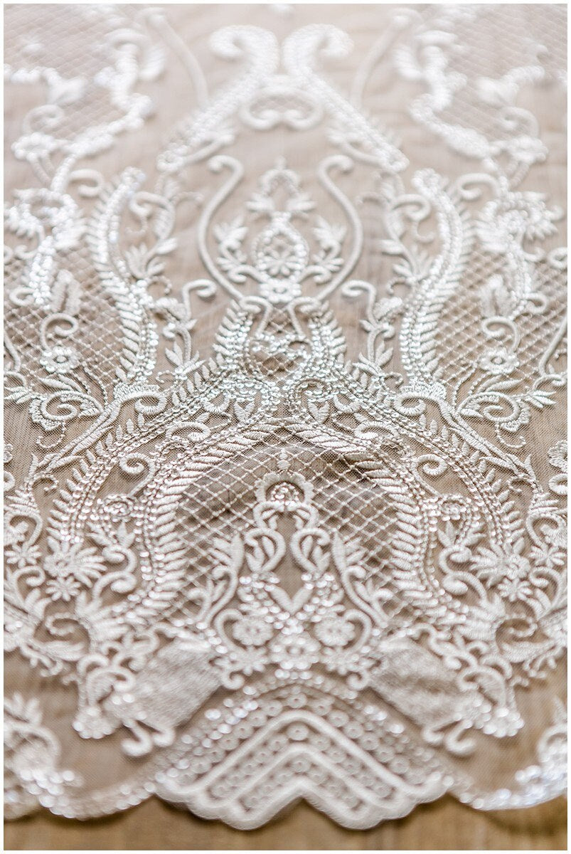 Very soft and beautiful ornamental lace with net elements - wedding dress lace, bridal lace fabric, net lace design -off-white// L17-031