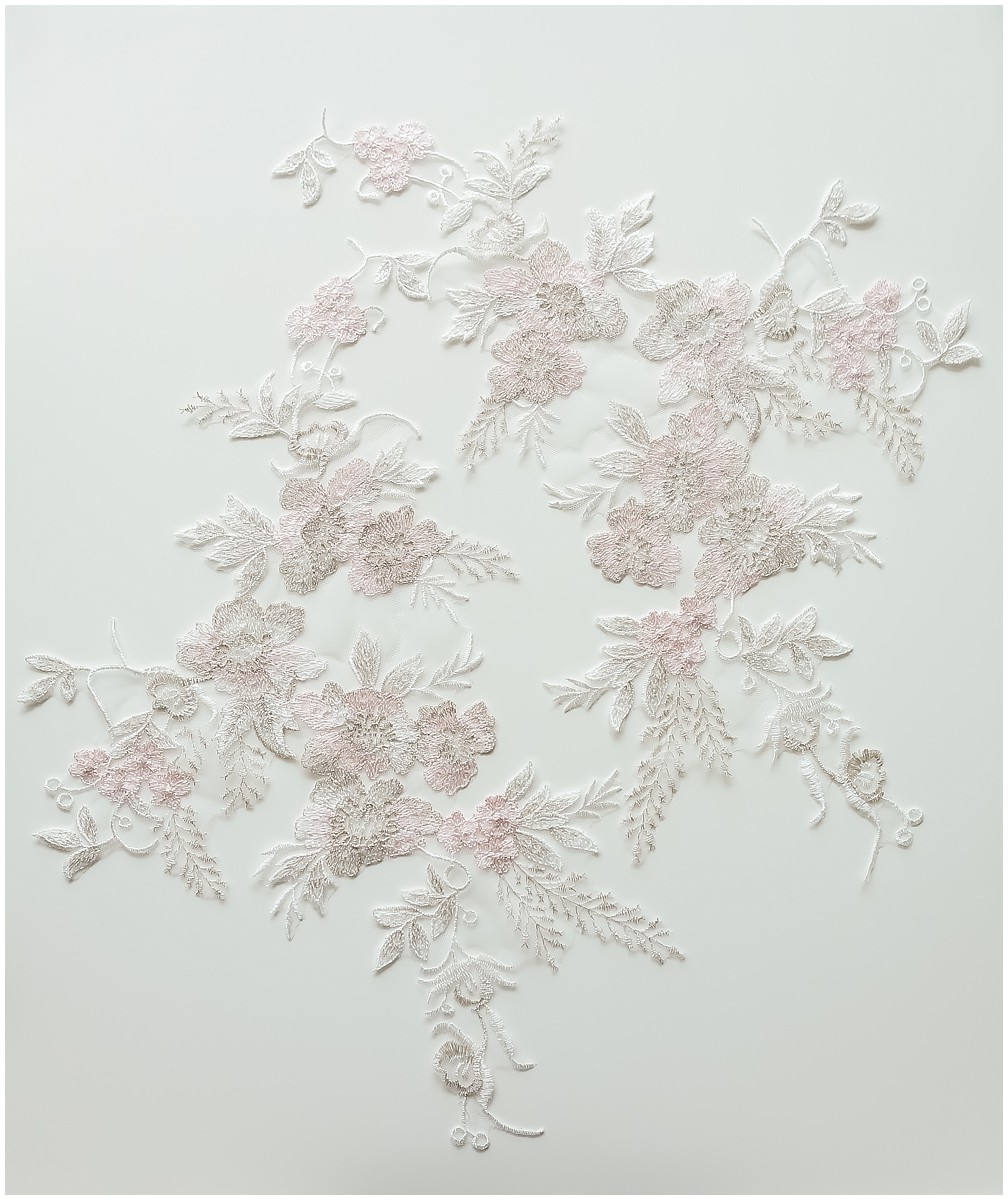 1 Paar (2Stk) rosé+ivory+silber Blumen Applikation, Große BlumenSpitze Applikation, Blumen Applikation, Hochzeitskleid Spitzen Applikation// A17-060