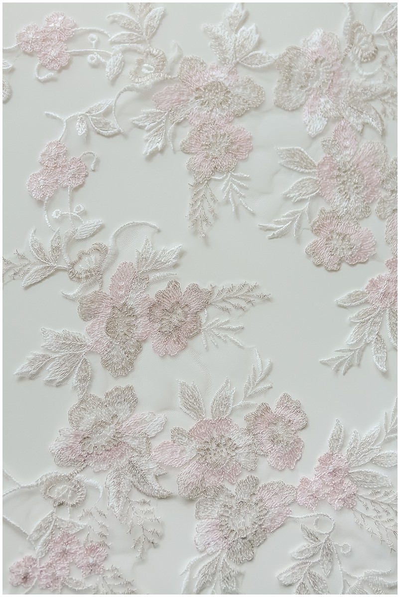 1 Paar (2Stk) rosé+ivory+silber Blumen Applikation, Große BlumenSpitze Applikation, Blumen Applikation, Hochzeitskleid Spitzen Applikation// A17-060