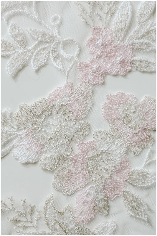 1 Paar (2Stk) rosé+ivory+silber Blumen Applikation, Große BlumenSpitze Applikation, Blumen Applikation, Hochzeitskleid Spitzen Applikation// A17-060