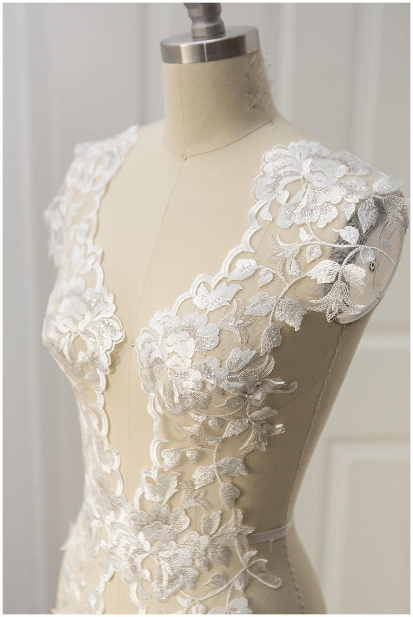 2x 1yds wide mirrored lace trim/ Ivory silver lace trim/ Floral lace trim/ Bridal dress lace trim/ Veil trim// T17-028
