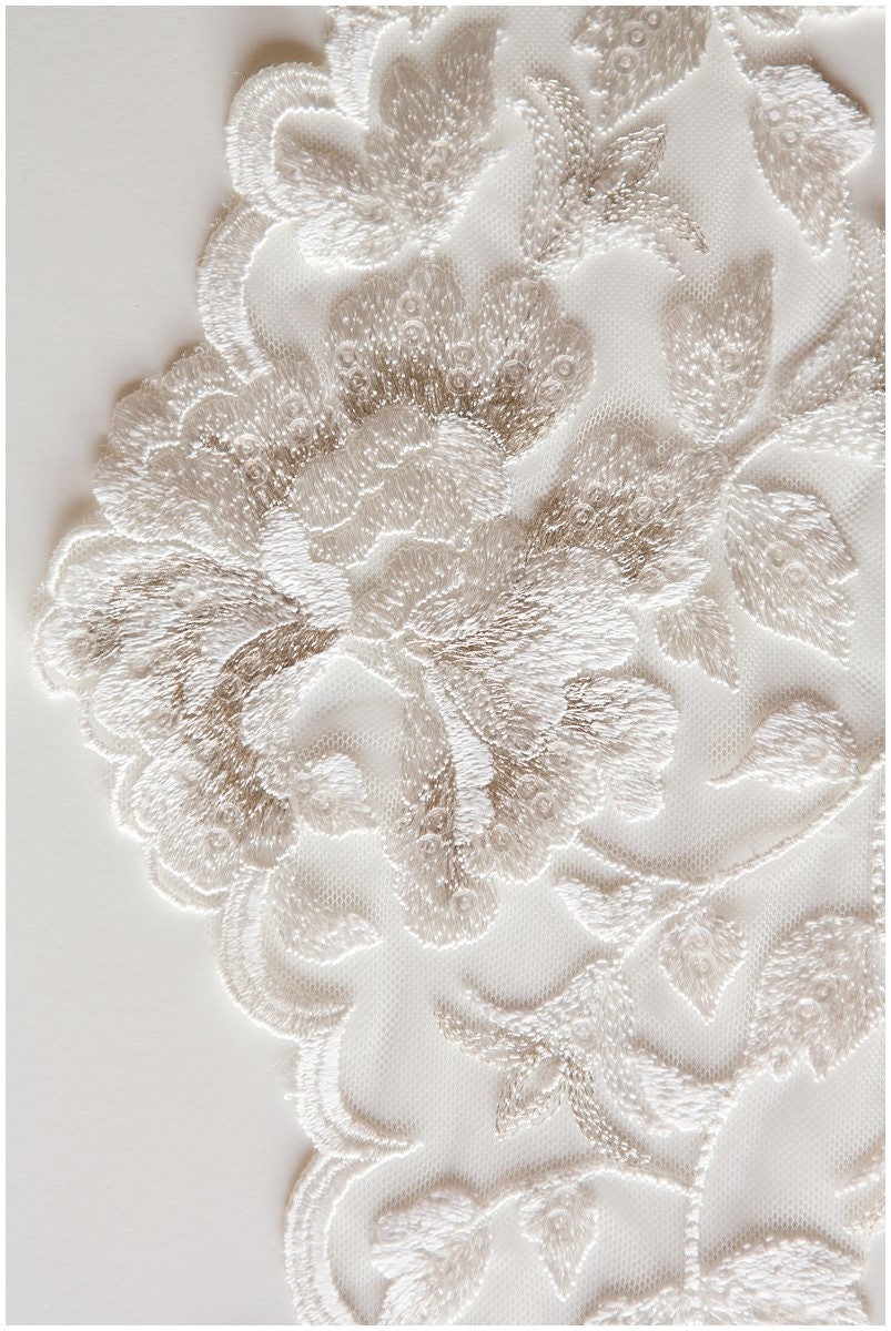 2x 1yds wide mirrored lace trim/ Ivory silver lace trim/ Floral lace trim/ Bridal dress lace trim/ Veil trim// T17-028