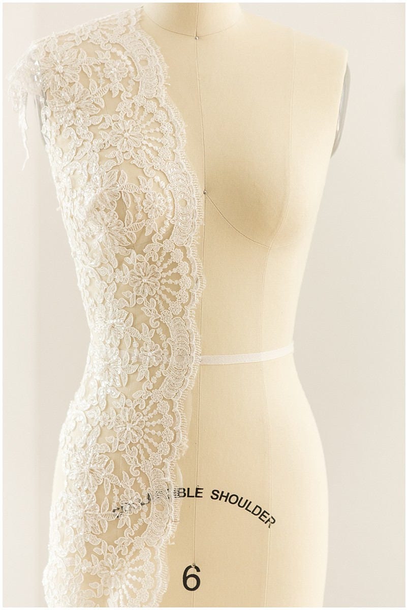 Lace trim off-white with pearls/ bridal veil trim/ wedding dress lace trim// T17-025