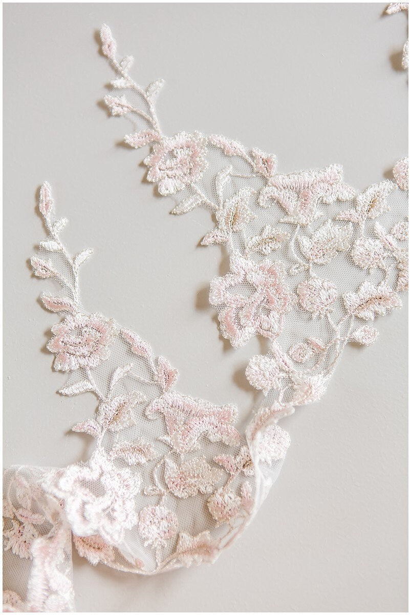 Embroidered lace trim/ elegant bridal lace trim off-white & silver & rose/ floral lace bridal trim/ wedding dress lace trim// T17-006