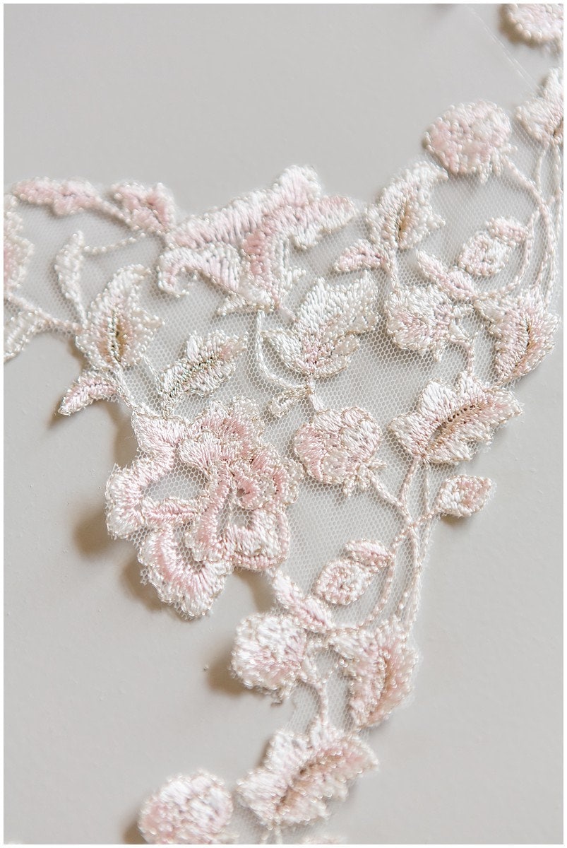 Embroidered lace trim/ elegant bridal lace trim off-white & silver & rose/ floral lace bridal trim/ wedding dress lace trim// T17-006