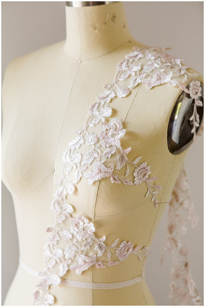 Embroidered lace trim/ elegant bridal lace trim off-white & silver & rose/ floral lace bridal trim/ wedding dress lace trim// T17-006