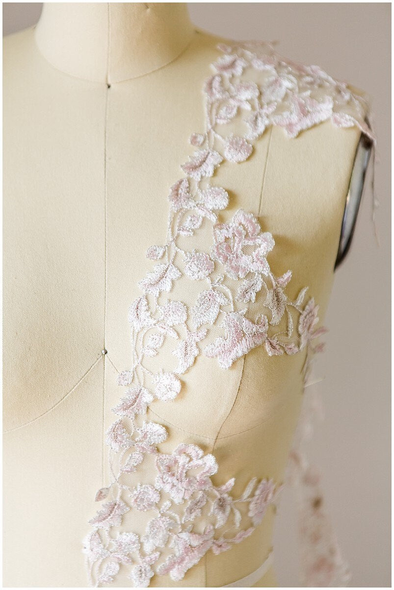 Embroidered lace trim/ elegant bridal lace trim off-white & silver & rose/ floral lace bridal trim/ wedding dress lace trim// T17-006
