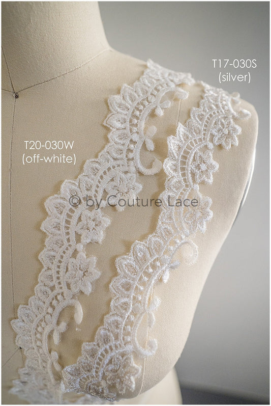Garniture en dentelle blanc cassé/dentelle nuptiale avec paillettes/garniture en dentelle voile floral/dentelle nuptiale// T20-030W