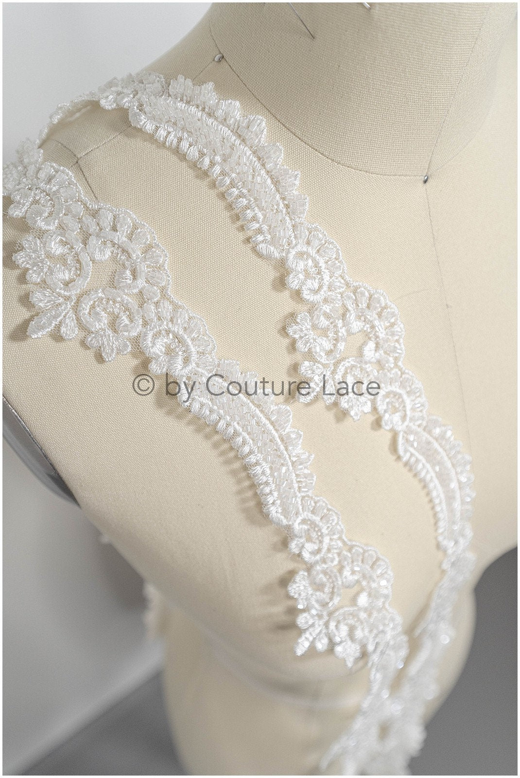 Beaded lace trim off-white/ glitter rhinestone trim/ heavy beaded lace trim for wedding dress// T20-088