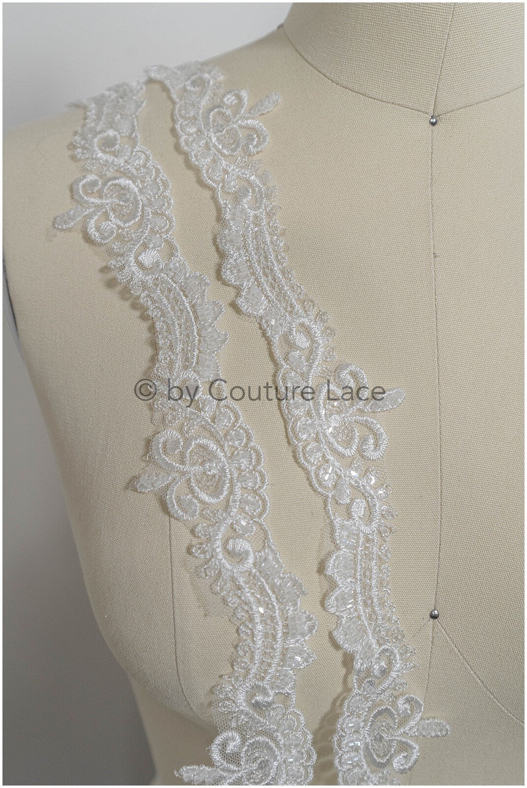Off-white lace trim with pearls & sequins/ pearl embroidered lace trim/ glitter rhinestone trim/ bridal veil lace trim// T20-089