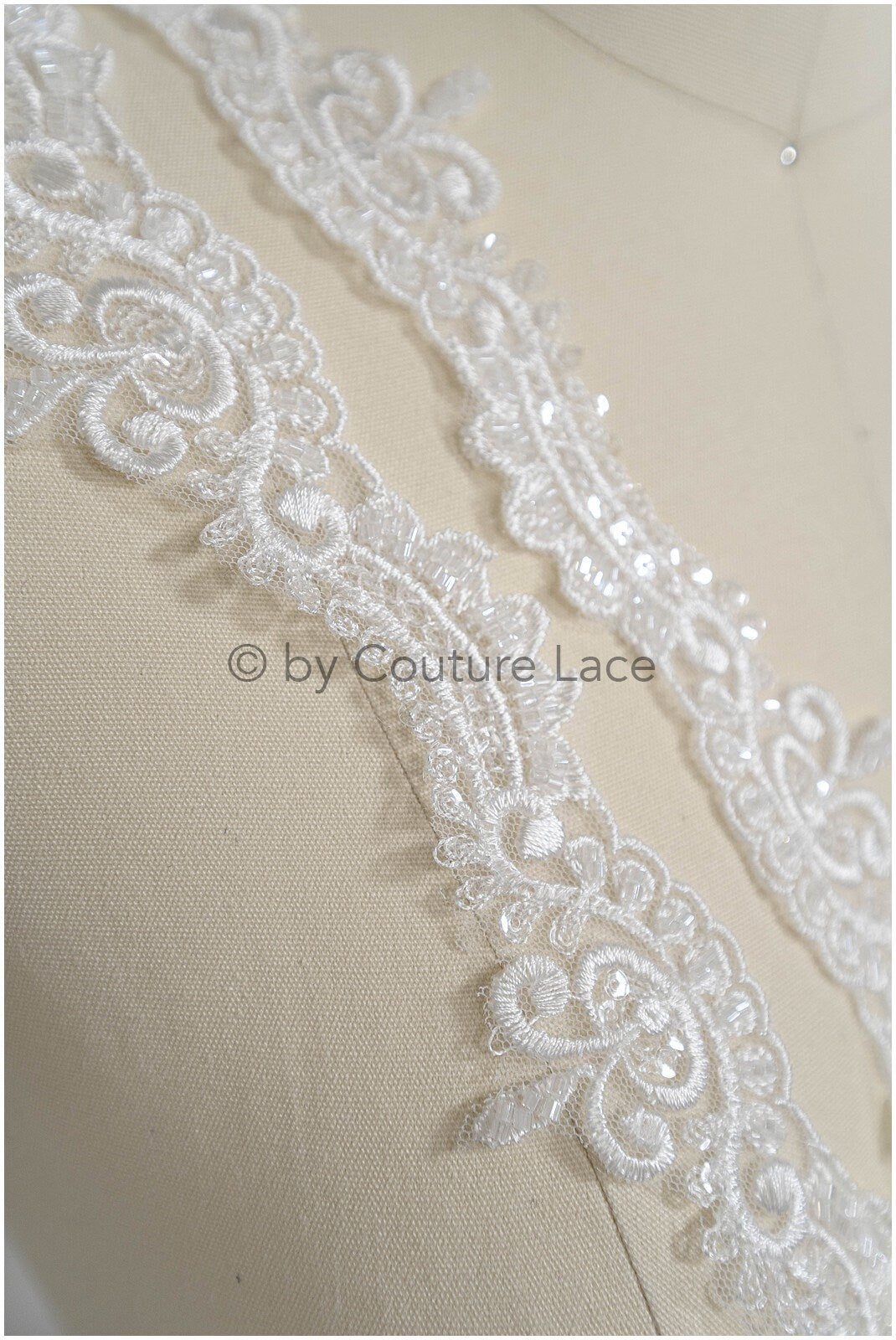 Off-white lace trim with pearls & sequins/ pearl embroidered lace trim/ glitter rhinestone trim/ bridal veil lace trim// T20-089