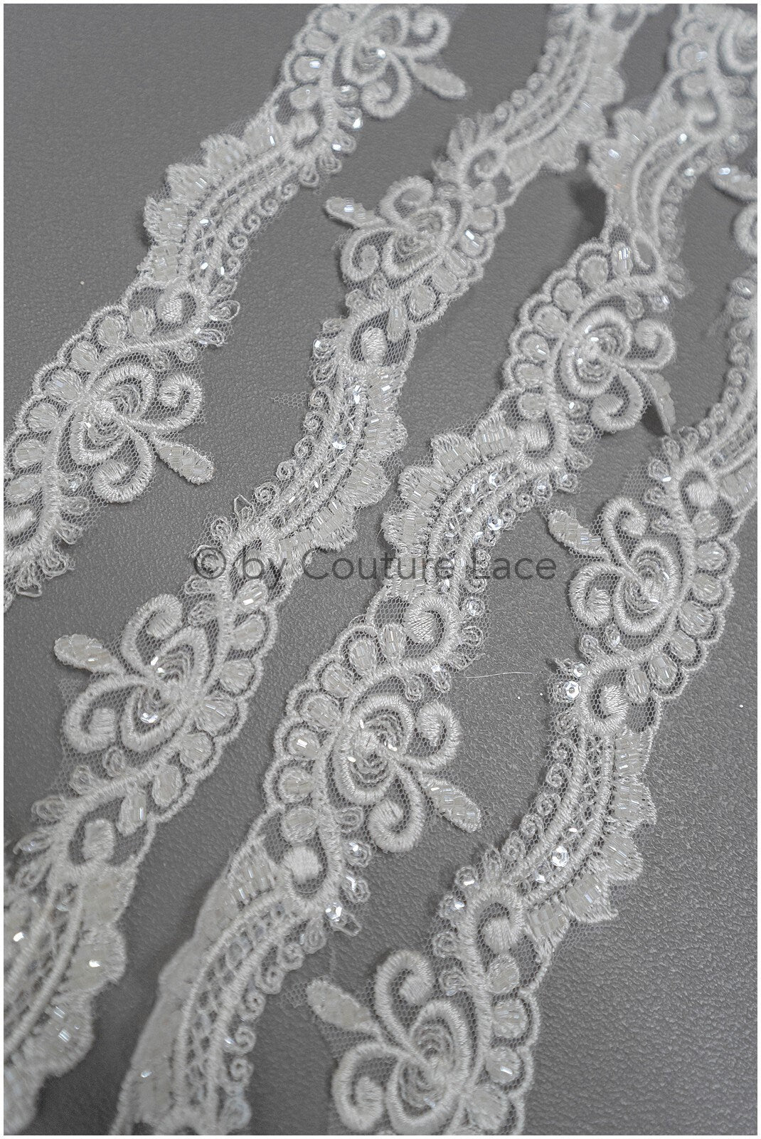 Off-white lace trim with pearls & sequins/ pearl embroidered lace trim/ glitter rhinestone trim/ bridal veil lace trim// T20-089