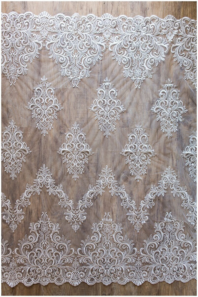 Bestickter Braut Spitzenstoff/ verschnörkelte Spitze Off-White/ Braut Couture Spitze// L17-057