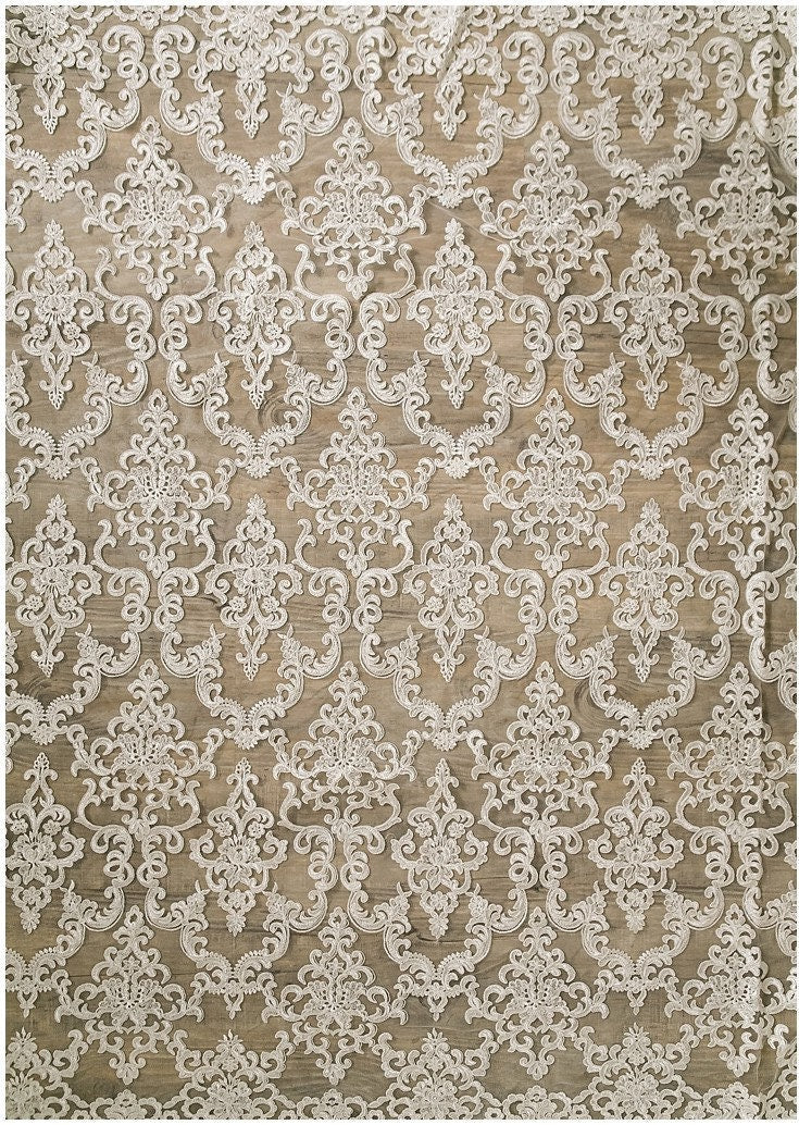 Ornament lace fabric off-white/ bridal lace fabric/ ornament wedding lace/ couture lace// L17-037