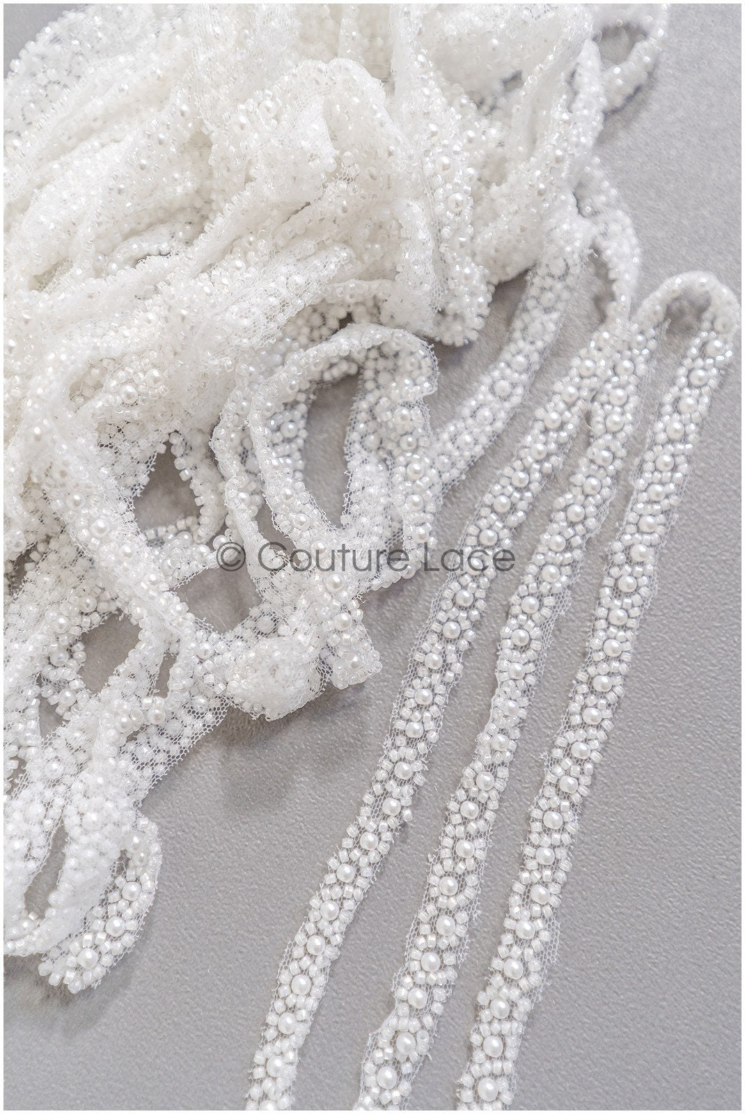 Bridal lace trim with pearls off-white/ lace trim with pearls/ bridal belt trim/ lace trim for wedding dress// T22-183