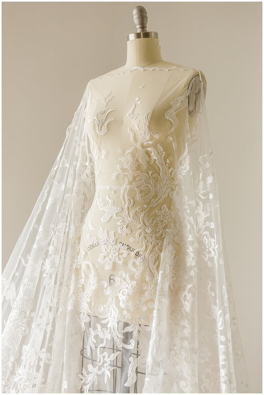 Floral Bridal Lace/ Bridal Lace Fabric with Sequins/ Off-White Bridal Lace/ Embroidered Wedding Lace/ Couture Lace/ L17-021B