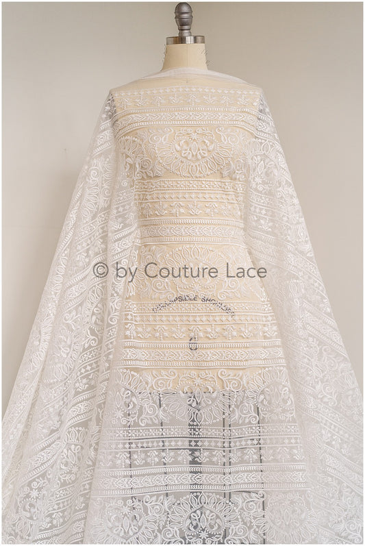 L19-011 // Französischer Designer-Baumwoll-Spitzenstoff für Hochzeitskleid, französischer Spitzenstoff, getrimmte Baumwollspitze, Streifenmuster-Hochzeitskleid-Spitze